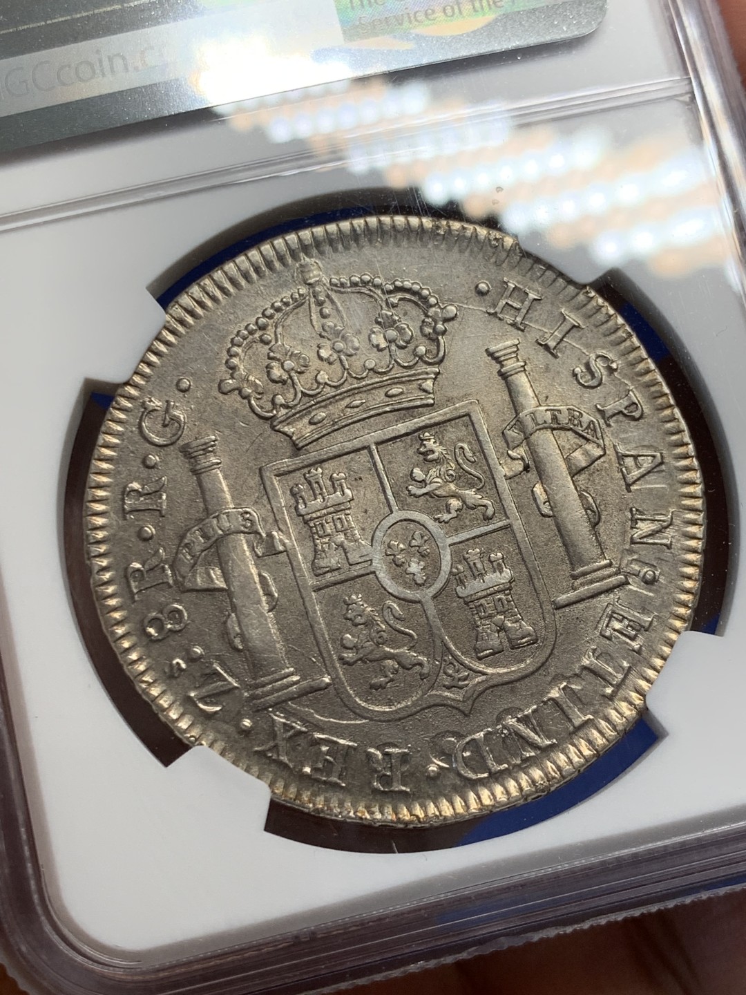 欢迎参加《竞宝斋》五一特拍-第161场-周日，周一 2场 NGC-AU53 墨西哥1821年ZS RG版费七内战双柱 黄油光极美深打状态 53低评