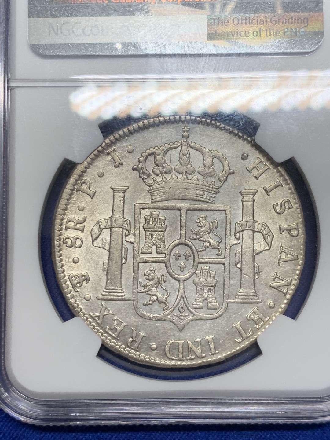 欢迎参加《竞宝斋》五一特拍-第161场-周日，周一 2场 NGC-AU58 西属玻利维亚 1804年卡四8R银币,高点俱全，底板几近无痕，铸纹还在，严重低评的一颗卡四