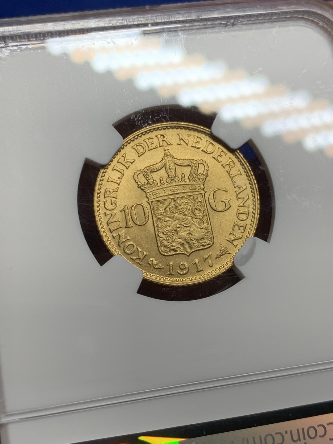 欢迎参加《竞宝斋》五一特拍-第161场-周日，周一 2场 NGC-MS65 荷兰1917年 荷兰威廉米娜女王 10盾金币 高分好状态