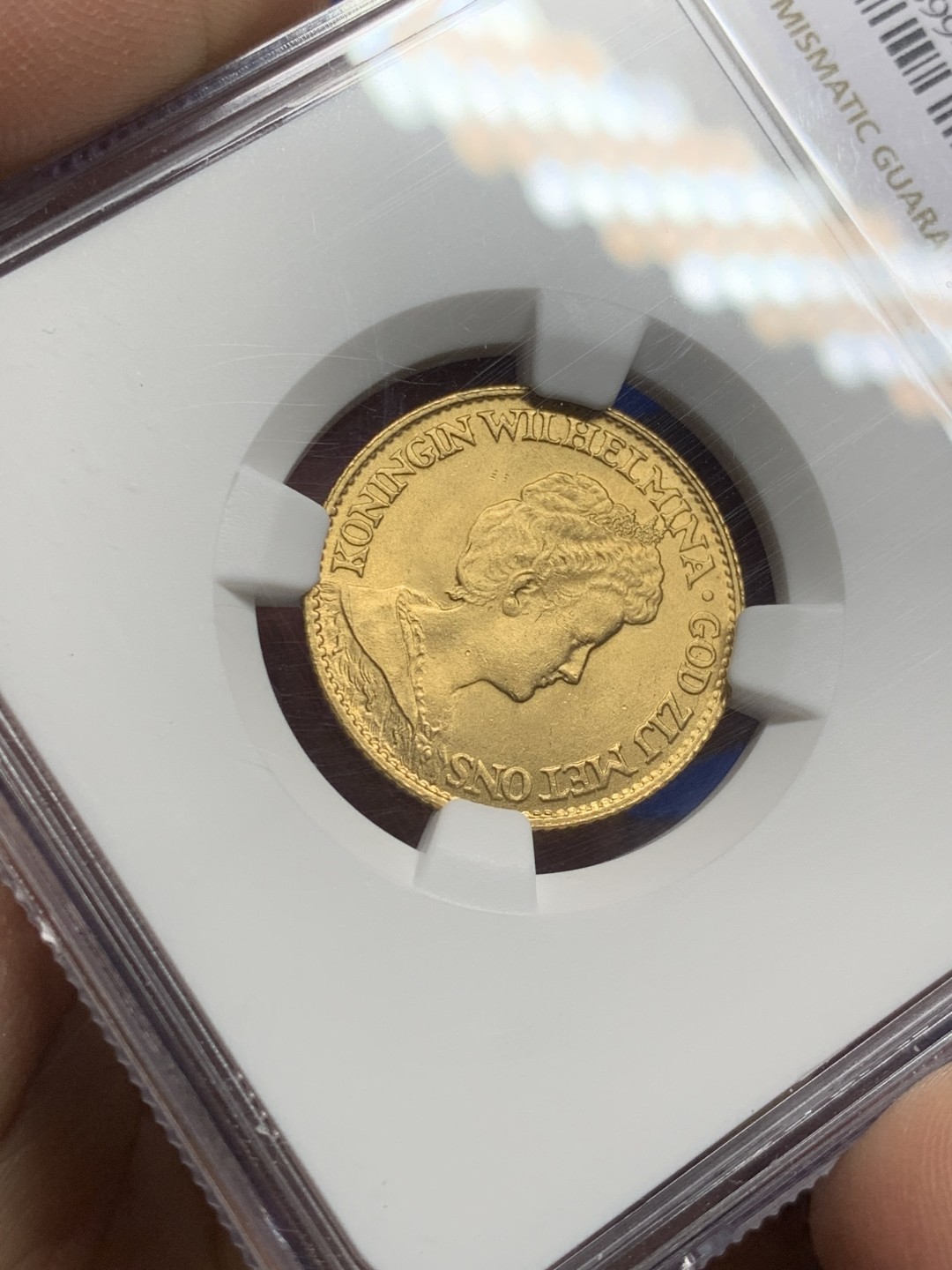 欢迎参加《竞宝斋》五一特拍-第161场-周日，周一 2场 NGC-MS65 荷兰1917年 荷兰威廉米娜女王 10盾金币 高分好状态