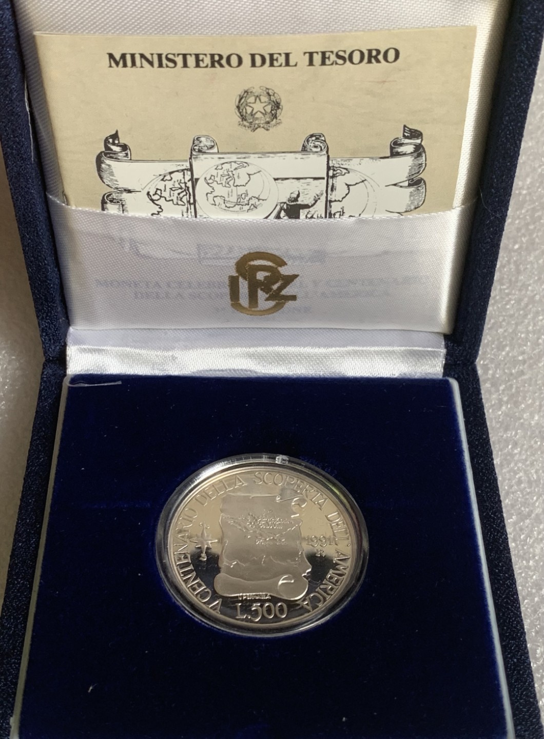 瓶子🏺第89期拍卖会 意大利1991年哥伦布发现美洲新大陆精制纪念银币  原盒