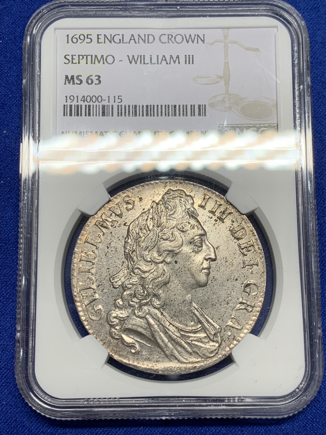 欢迎参加《竞宝斋》五一特拍-第161场-周日，周一 2场 NGC-MS63 1695年英国威廉三世1克朗银币 全币深打，原银光，历经300多年依然宛如新铸