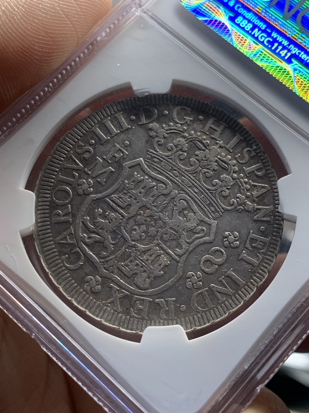 欢迎参加《竞宝斋》五一特拍-第161场-周日，周一 2场 NGC XF40 1771MO FM 墨西哥 双柱地球8里亚尔银币，低评