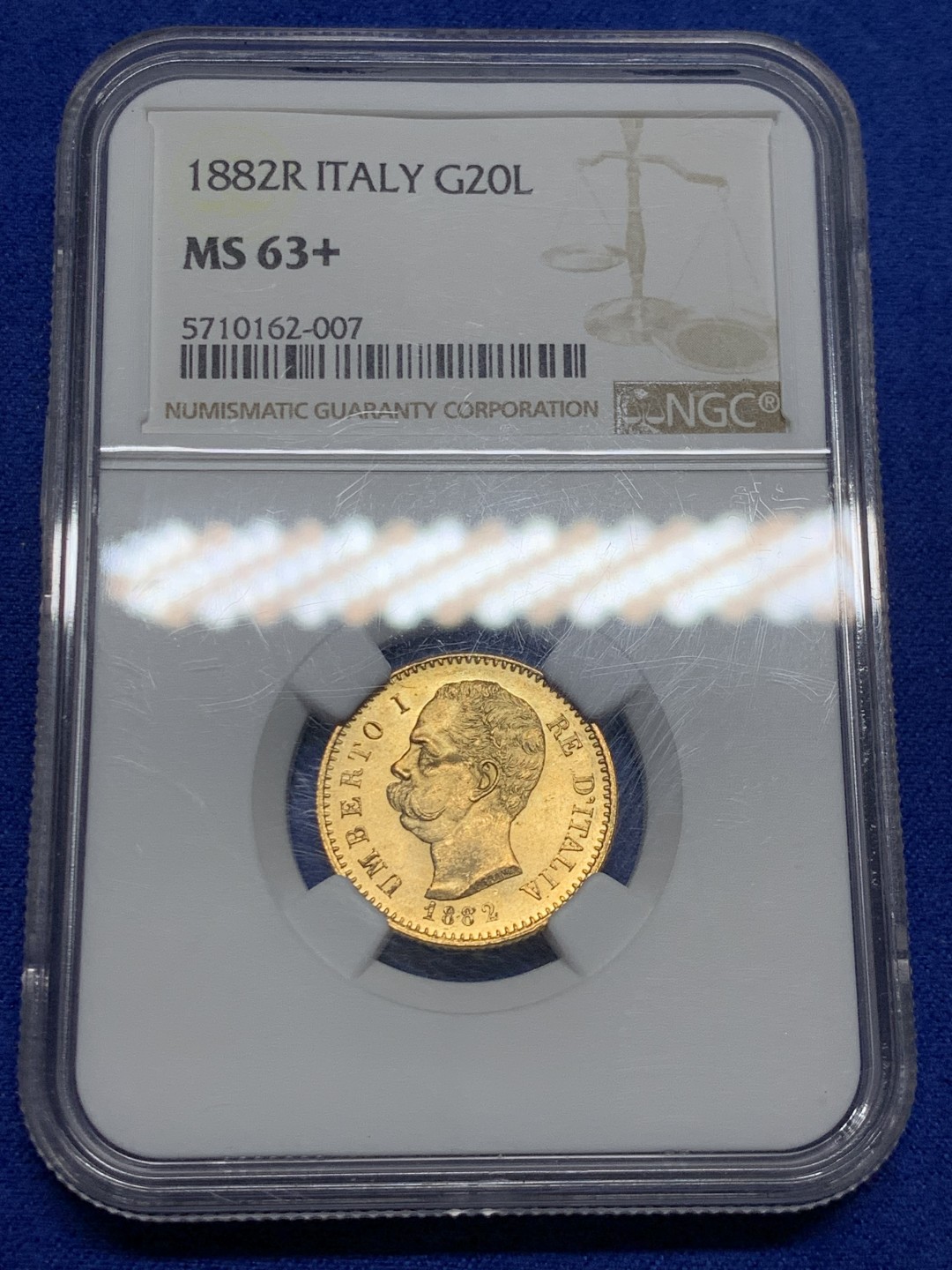 欢迎参加《竞宝斋》五一特拍-第161场-周日，周一 2场 NGC-MS63+ 意大利 1882年 20里拉 翁贝托 金币 6.45克 上涨品种