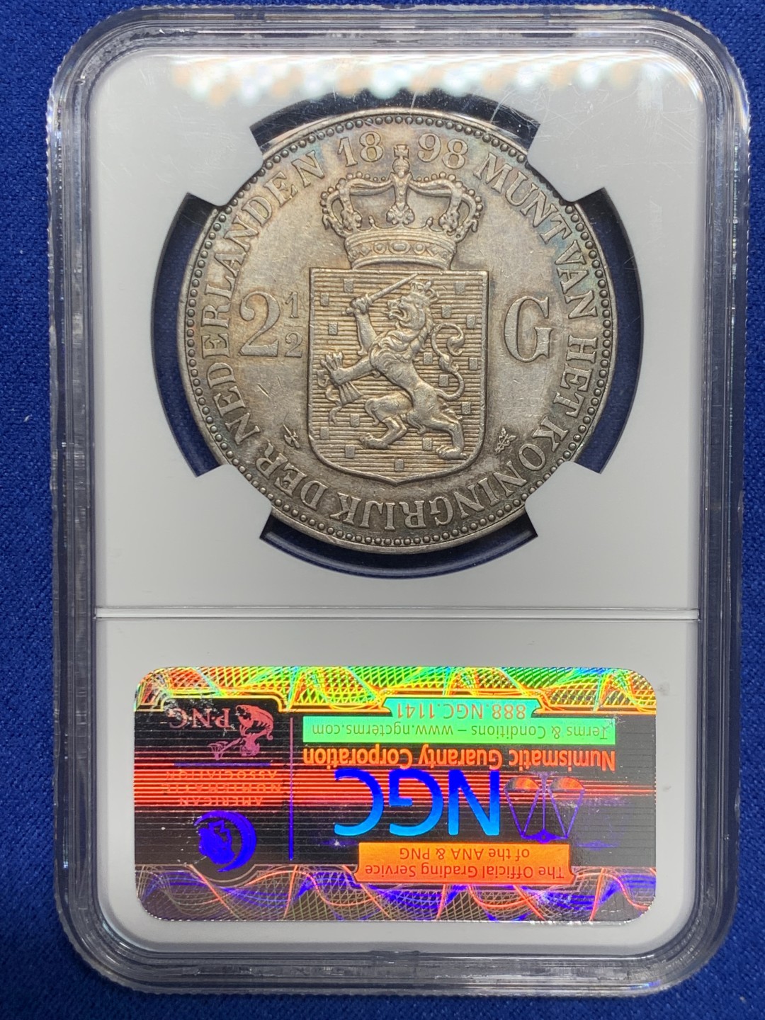 欢迎参加《竞宝斋》五一特拍-第161场-周日，周一 2场 NGC XF45 荷兰1898年威廉明娜女王少女头像2.5盾大银币，单年版