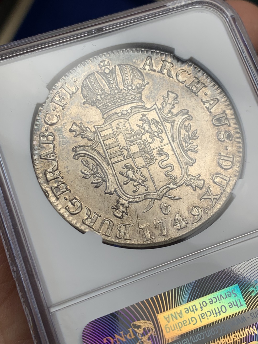 欢迎参加《竞宝斋》五一特拍-第161场-周日，周一 2场 NGC-AU55 1749年奥属尼德兰1杜卡特银币 首年版，33.25克，远超同时期各国主币。非常少见的大奶妈头像版本钱币，唯一季军分