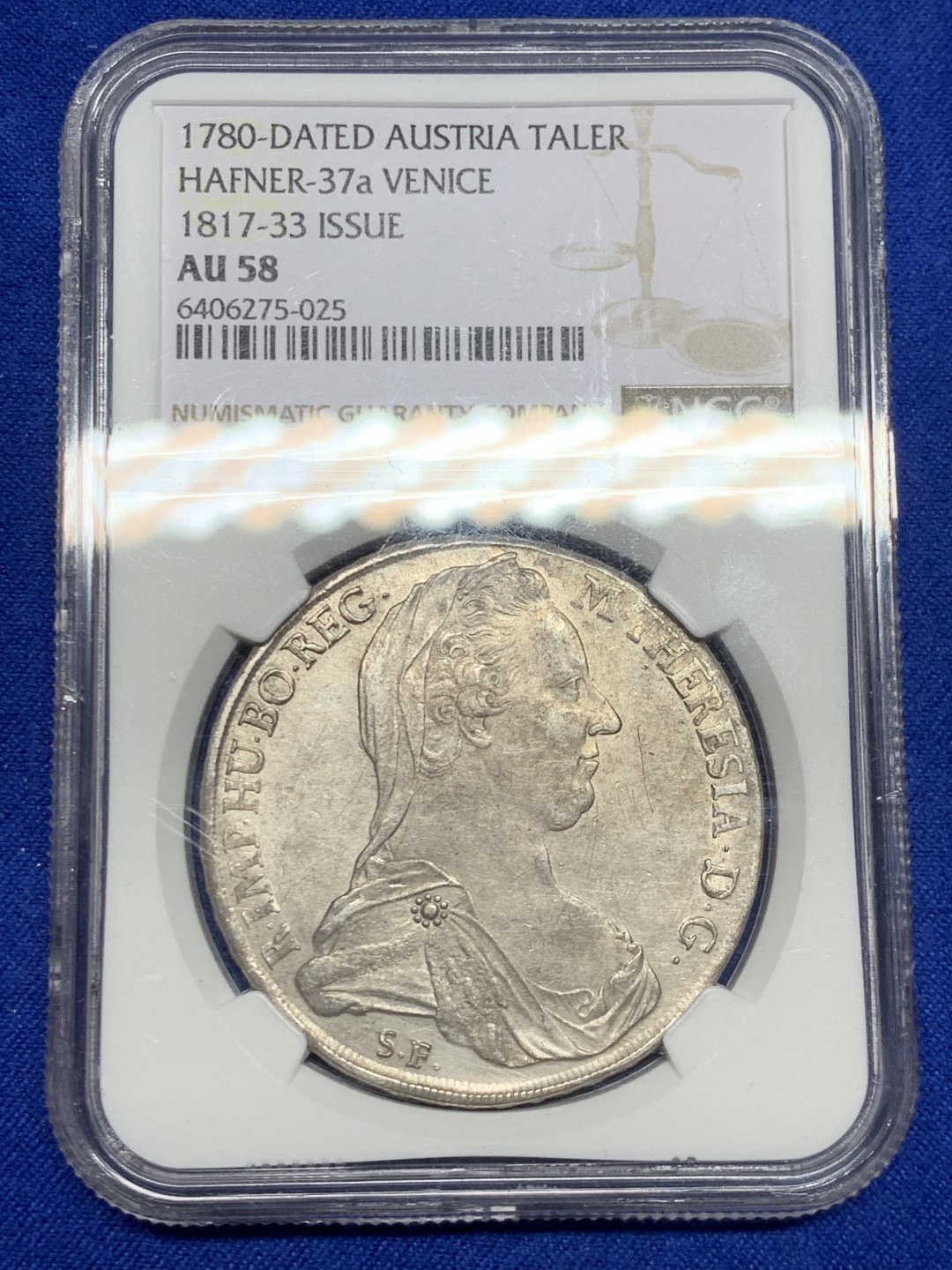 欢迎参加《竞宝斋》五一特拍-第161场-周日，周一 2场 NGC-AU58 1780 奥地利 大奶妈1泰勒银币，1817-33年威尼斯版银币，唯一亚军，原味性价比高