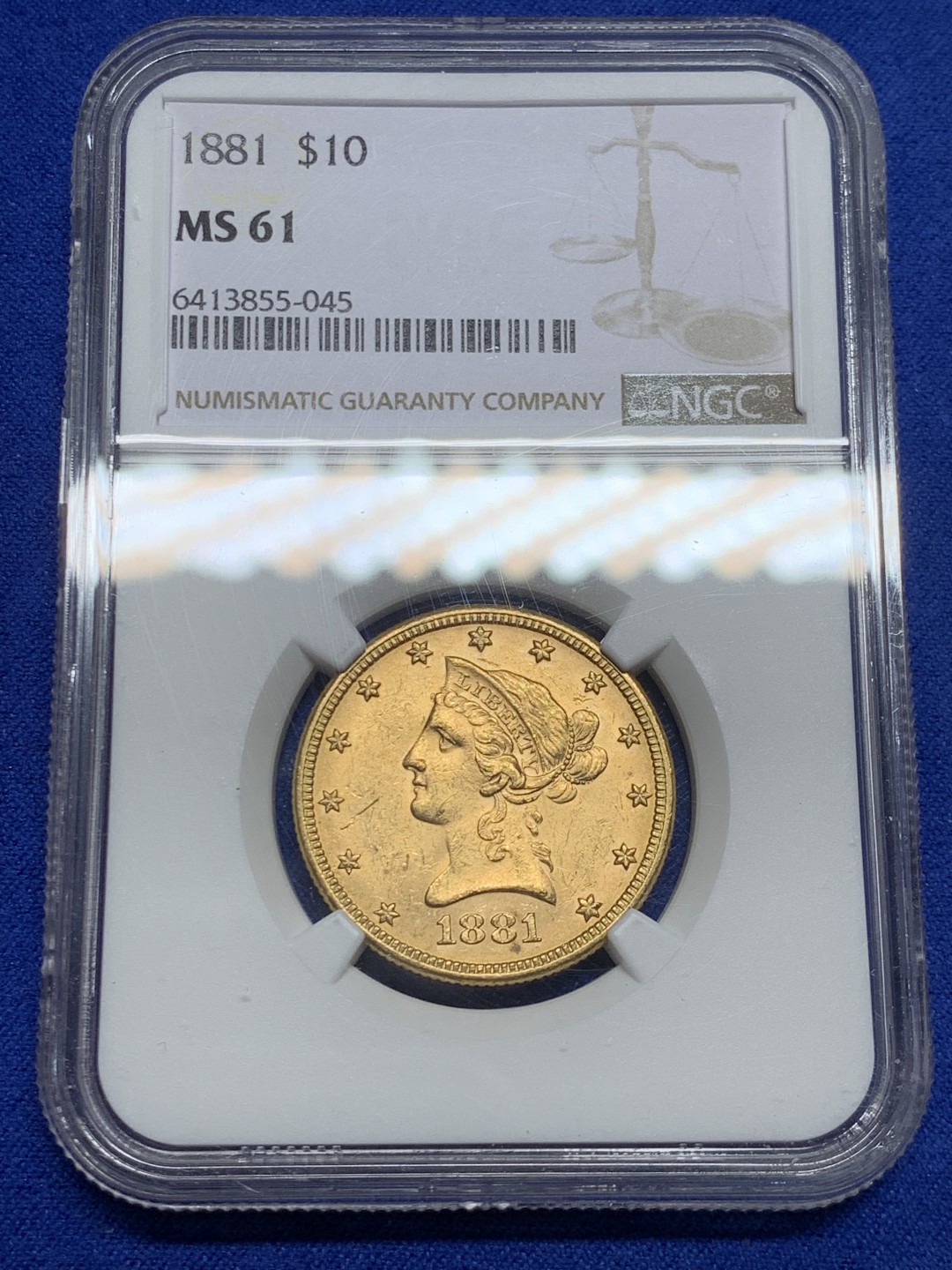 欢迎参加《竞宝斋》五一特拍-第161场-周日，周一 2场 NGC-MS61 美国1881年 自由女神10元金币 算是比较靠前的年份 能上MS的都难得