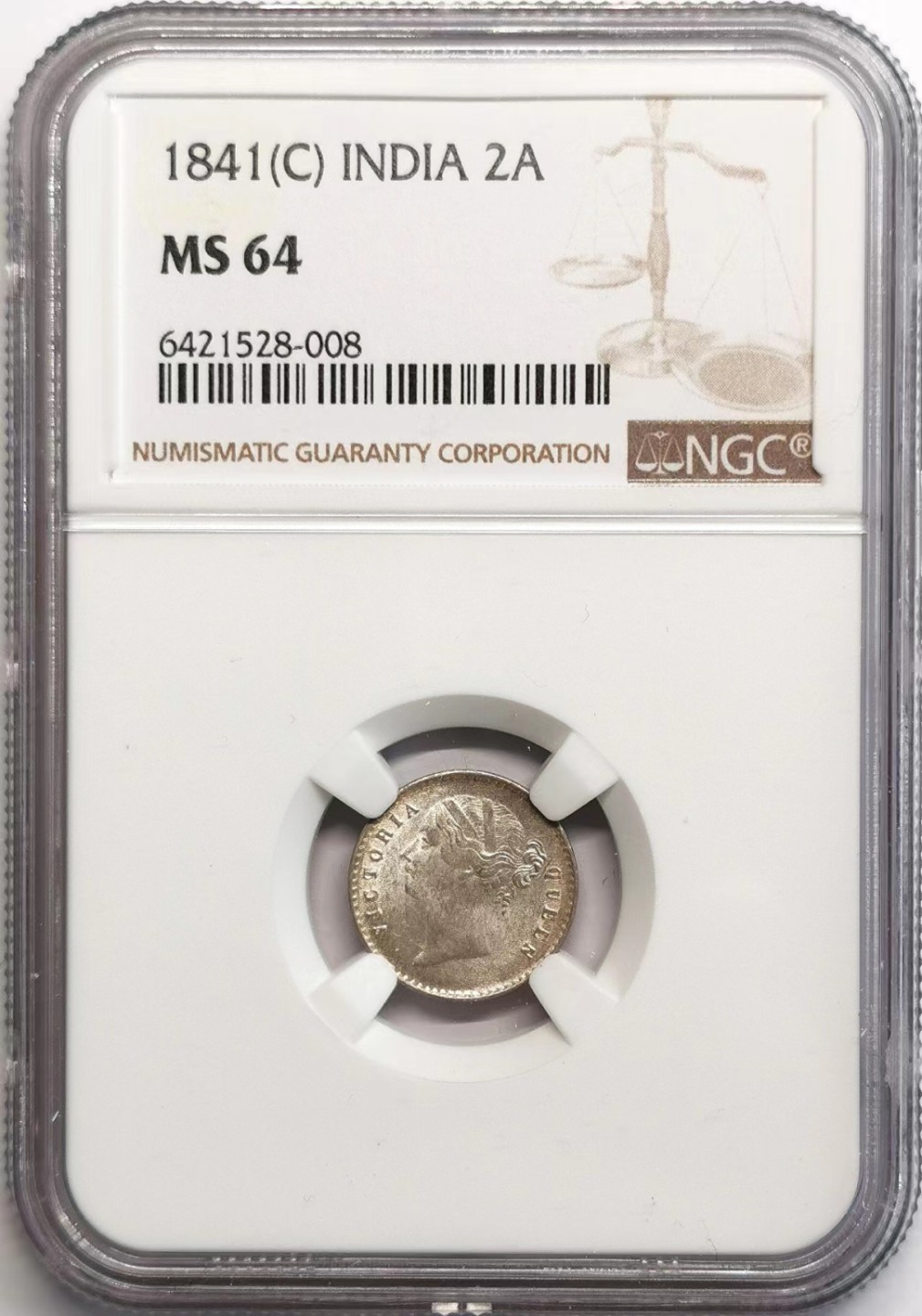 凡希社世界钱币微拍第二百三十七期 1841东印度公司小维2安那银辅币NGC-MS64状态极好！