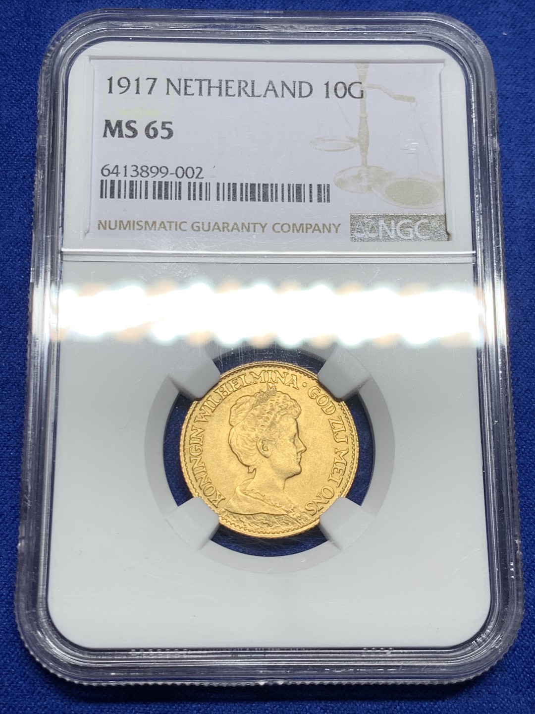 欢迎参加《竞宝斋》五一特拍-第161场-周日，周一 2场 NGC-MS65 荷兰1917年 荷兰威廉米娜女王 10盾金币 高分好状态