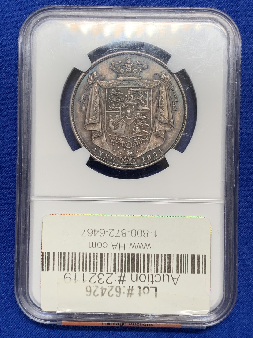 欢迎参加《竞宝斋》五一特拍-第161场-周日，周一 2场 NGC MS63 英国 1834 威廉四世 半克朗银币 极品淡蓝包浆 超级状态