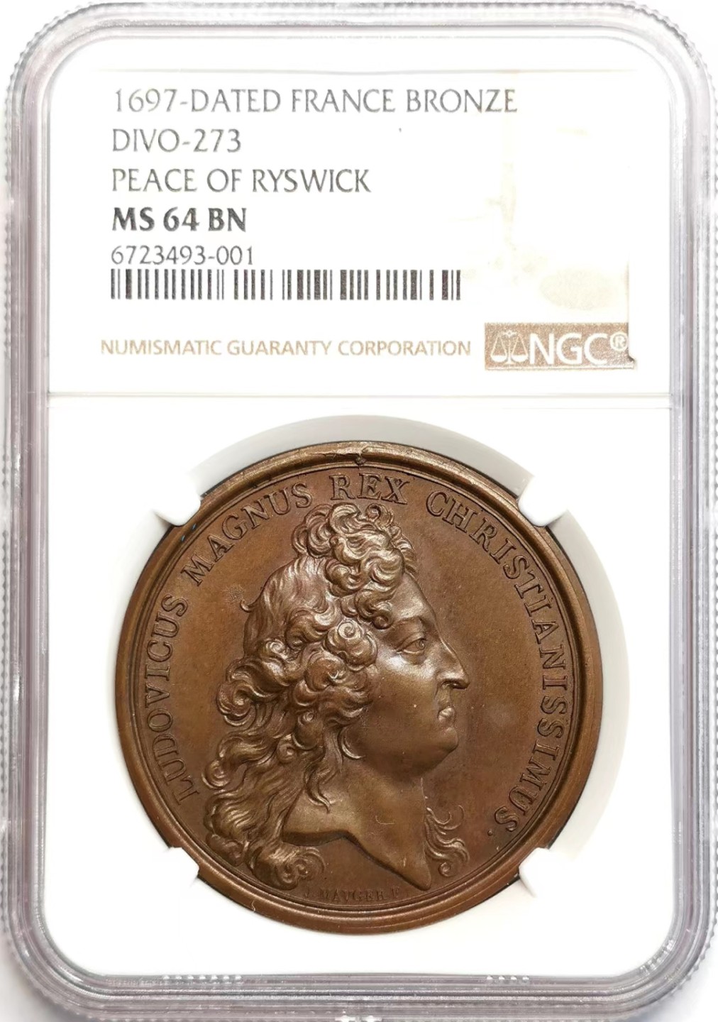 凡希社世界钱币微拍第二百三十七期 1697法国雷思维克战役凯旋纪念铜章NGC-MS64