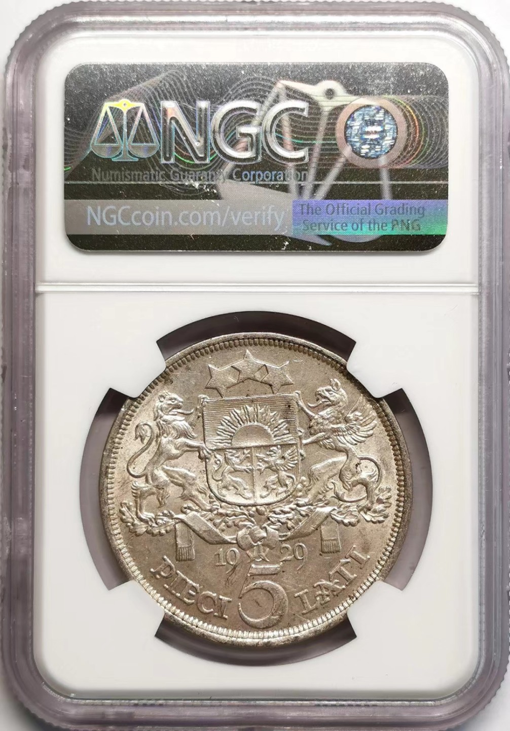 凡希社世界钱币微拍第二百三十七期 1929拉脱维亚5L大银NGC-MS62