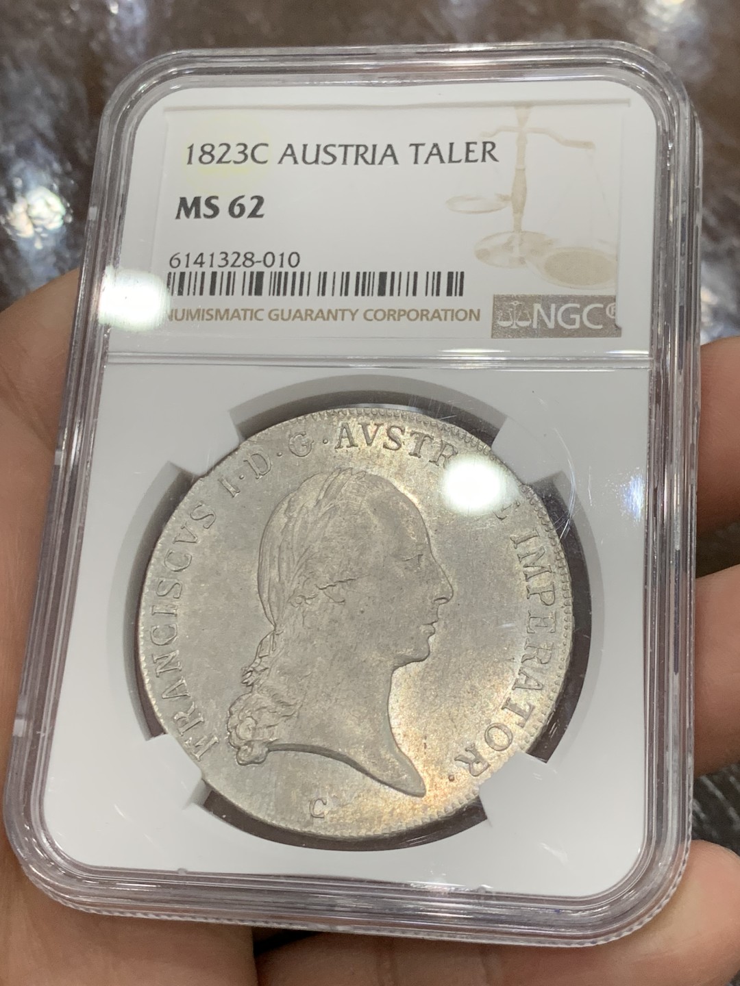 欢迎参加《竞宝斋》五一特拍-第161场-周日，周一 2场 NGC-MS62 奥地利帝国 1823-C 弗朗茨一世泰勒 N/P唯一冠军分 鹰面浮雕细腻 底板完好 收藏级高分