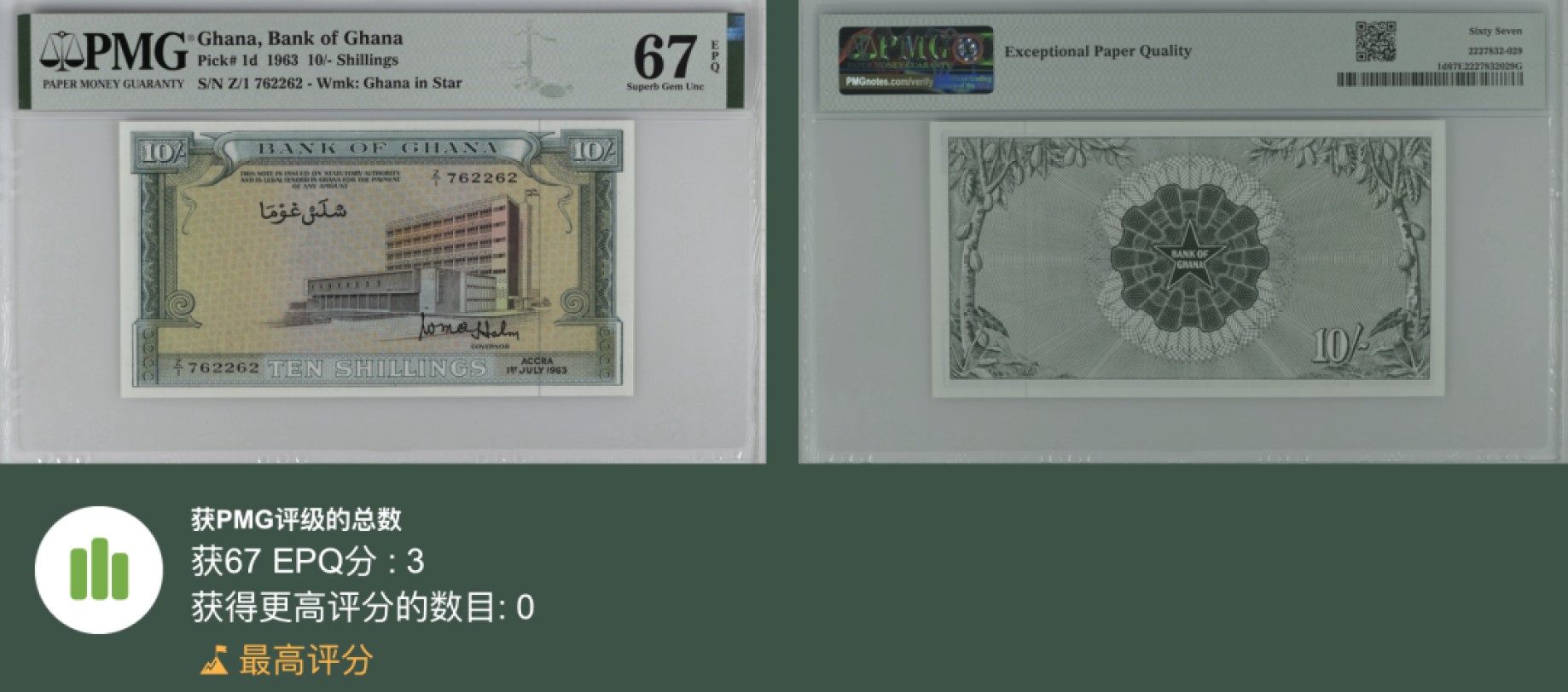 《张总和朋友们收藏》五一特别场——外币精品场 加纳10先令 PMG67E 1963年第一版超稀少 Pick1  Z1冠 冠军分