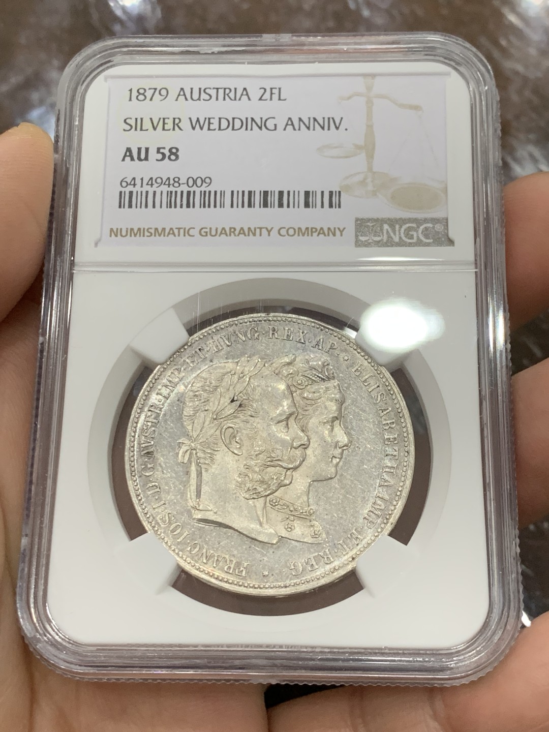 欢迎参加《竞宝斋》五一特拍-第161场-周日，周一 2场 NGC-AU58 奥匈帝国 1879年 奥地利 2FL 茜茜公主结婚 纪念大银币 热门品种 细节极好