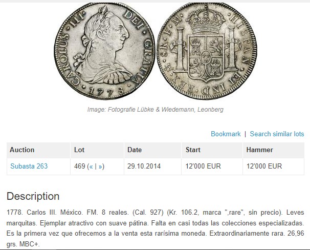 欢迎参加《竞宝斋》五一特拍-第161场-周日，周一 2场 亚军分 PCGS-AU53 西属墨西哥1778年MO-FM卡洛斯三世8R 人像老双柱大银币 这枚最早是HA的拍品， 后来是CNB2022年6200欧+佣金 漏价拍出 同款的在2014年AUREO 拍出12000欧+佣金 裸币XF品