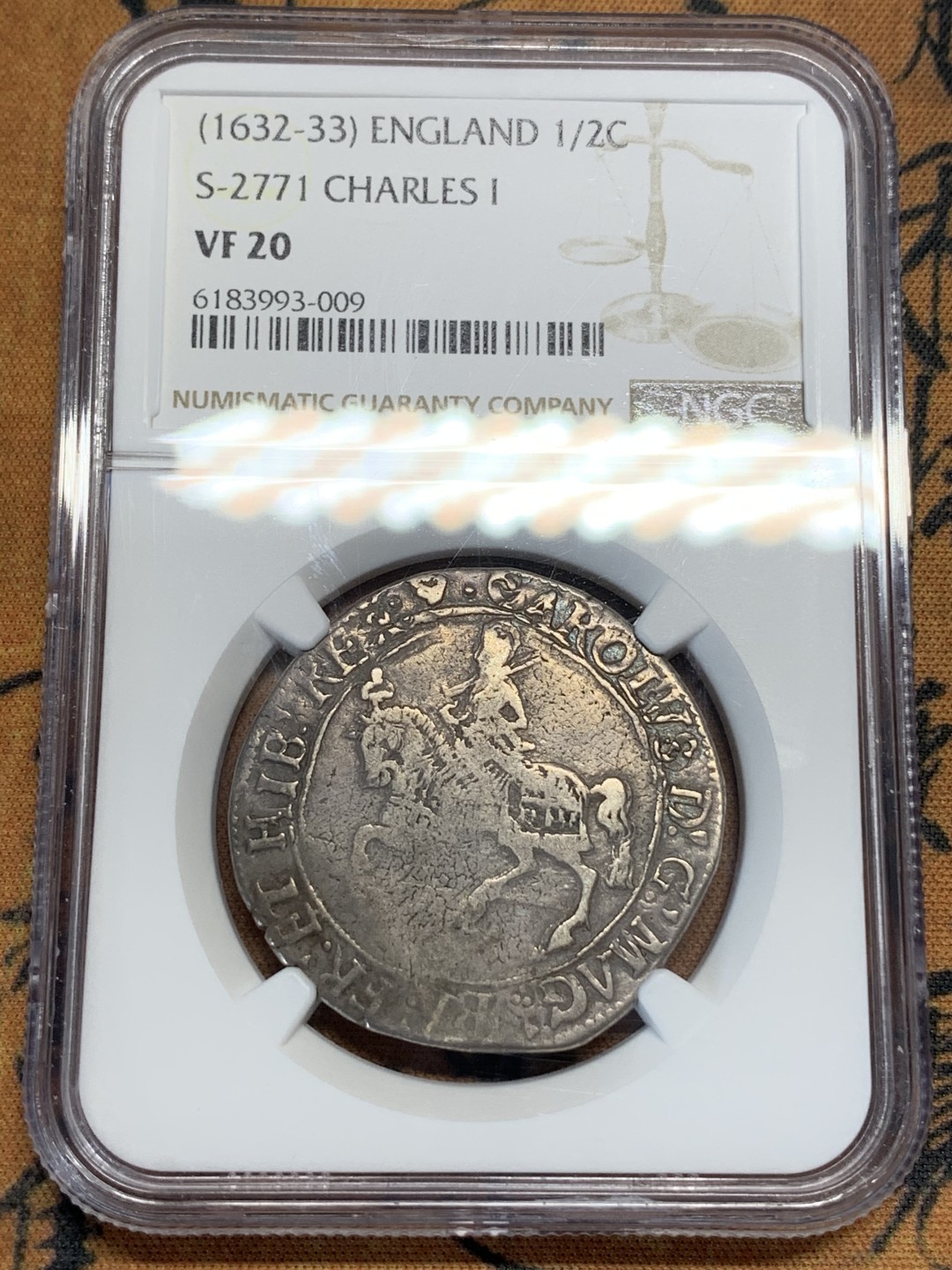 欢迎参加《竞宝斋》五一特拍-第161场-周日，周一 2场 NGC-VF20 英国 1632-33年 查理一世 半克朗银币 稀少品种 S-2771版