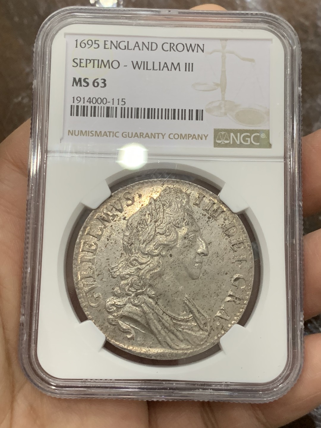 欢迎参加《竞宝斋》五一特拍-第161场-周日，周一 2场 NGC-MS63 1695年英国威廉三世1克朗银币 全币深打，原银光，历经300多年依然宛如新铸