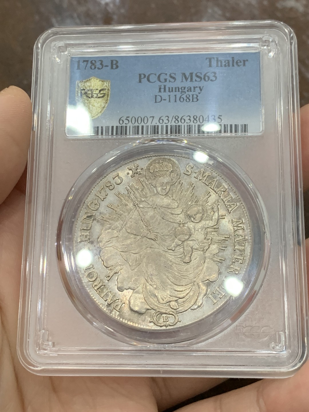 欢迎参加《竞宝斋》五一特拍-第161场-周日，周一 2场 PCGS-MS63 1783年神圣罗马帝国匈牙利圣母抱婴泰勒 热门品种，淡金包浆，全币深打，没有减重痕，极为难得。亚军分，上面只有一个63+