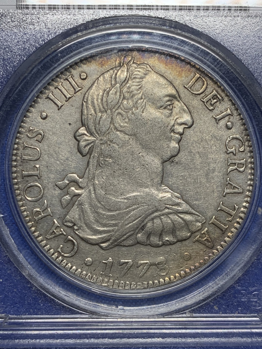 欢迎参加《竞宝斋》五一特拍-第161场-周日，周一 2场 亚军分 PCGS-AU53 西属墨西哥1778年MO-FM卡洛斯三世8R 人像老双柱大银币 这枚最早是HA的拍品， 后来是CNB2022年6200欧+佣金 漏价拍出 同款的在2014年AUREO 拍出12000欧+佣金 裸币XF品