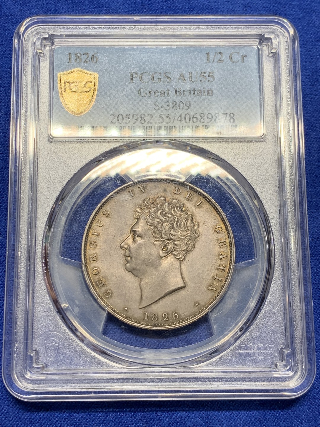 欢迎参加《竞宝斋》五一特拍-第161场-周日，周一 2场 NGC AU55 英国 1826年 乔治四世 半克朗 原味低评分数 包浆深彩 美丽