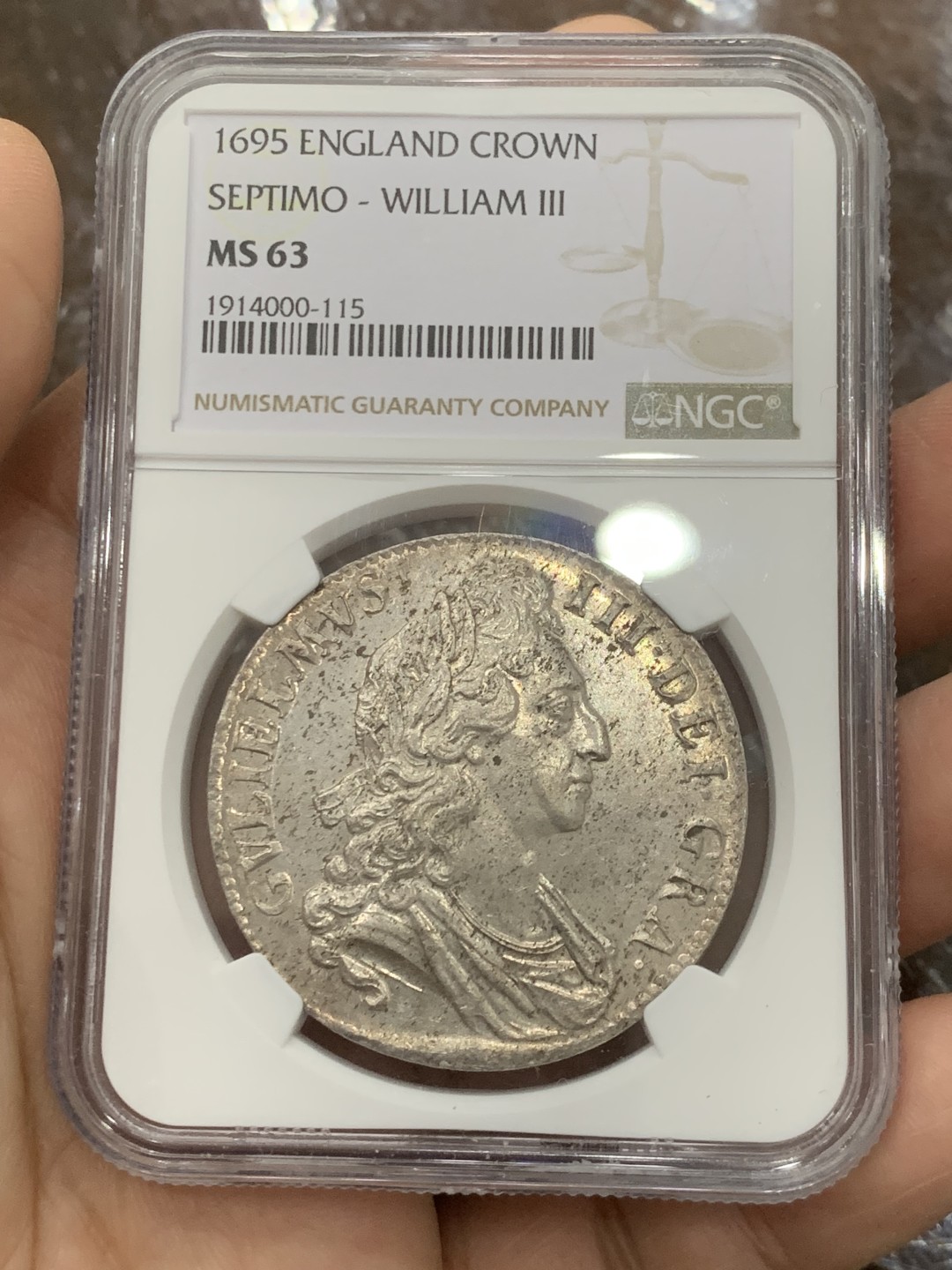 欢迎参加《竞宝斋》五一特拍-第161场-周日，周一 2场 NGC-MS63 1695年英国威廉三世1克朗银币 全币深打，原银光，历经300多年依然宛如新铸