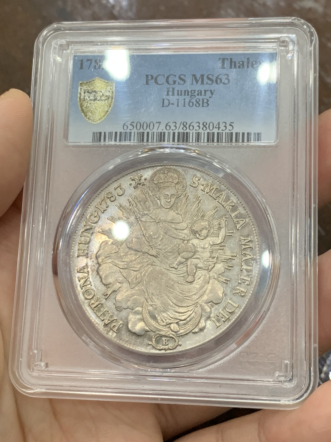 欢迎参加《竞宝斋》五一特拍-第161场-周日，周一 2场 PCGS-MS63 1783年神圣罗马帝国匈牙利圣母抱婴泰勒 热门品种，淡金包浆，全币深打，没有减重痕，极为难得。亚军分，上面只有一个63+