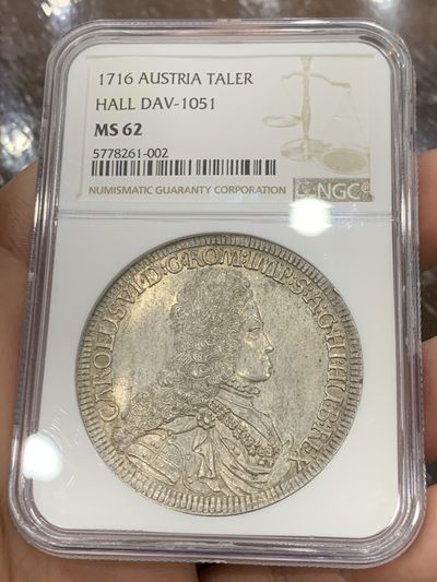 欢迎参加《竞宝斋》五一特拍-第161场-周日，周一 2场 - NGC-MS62 神圣罗马帝国 1716年1泰勒银币 卡尔六世少见年轻头像，全币高点和底板没有任何磨损或丝痕，62实属低评