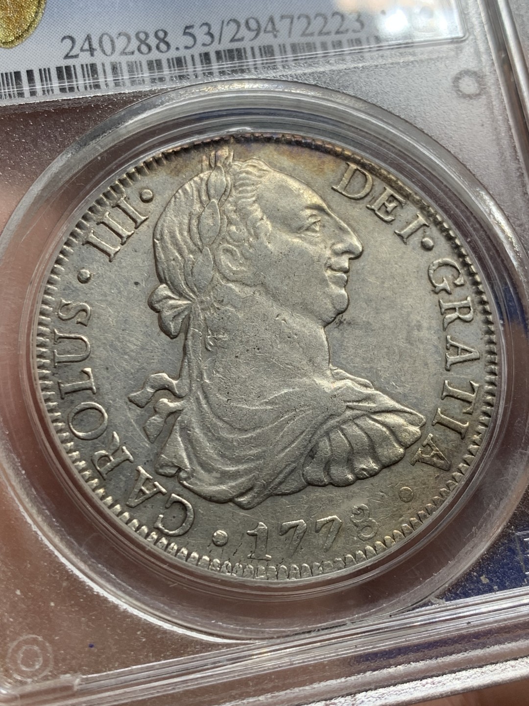 欢迎参加《竞宝斋》五一特拍-第161场-周日，周一 2场 亚军分 PCGS-AU53 西属墨西哥1778年MO-FM卡洛斯三世8R 人像老双柱大银币 这枚最早是HA的拍品， 后来是CNB2022年6200欧+佣金 漏价拍出 同款的在2014年AUREO 拍出12000欧+佣金 裸币XF品