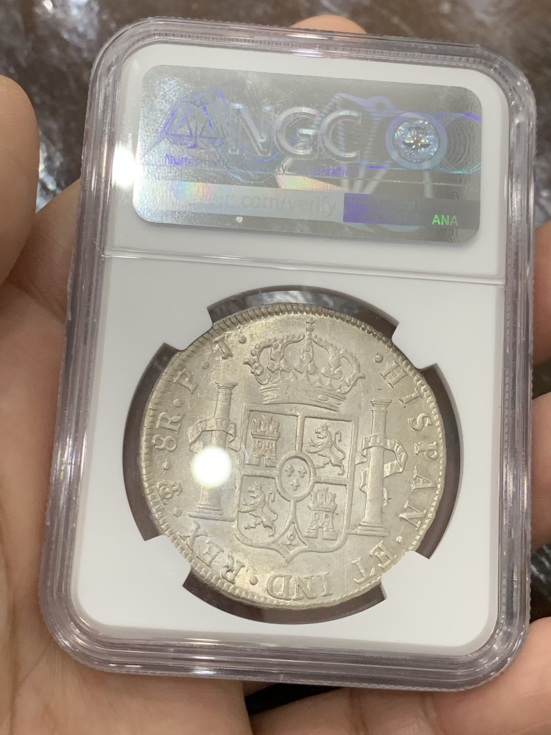 欢迎参加《竞宝斋》五一特拍-第161场-周日，周一 2场 NGC-AU58 西属玻利维亚 1804年卡四8R银币,高点俱全，底板几近无痕，铸纹还在，严重低评的一颗卡四