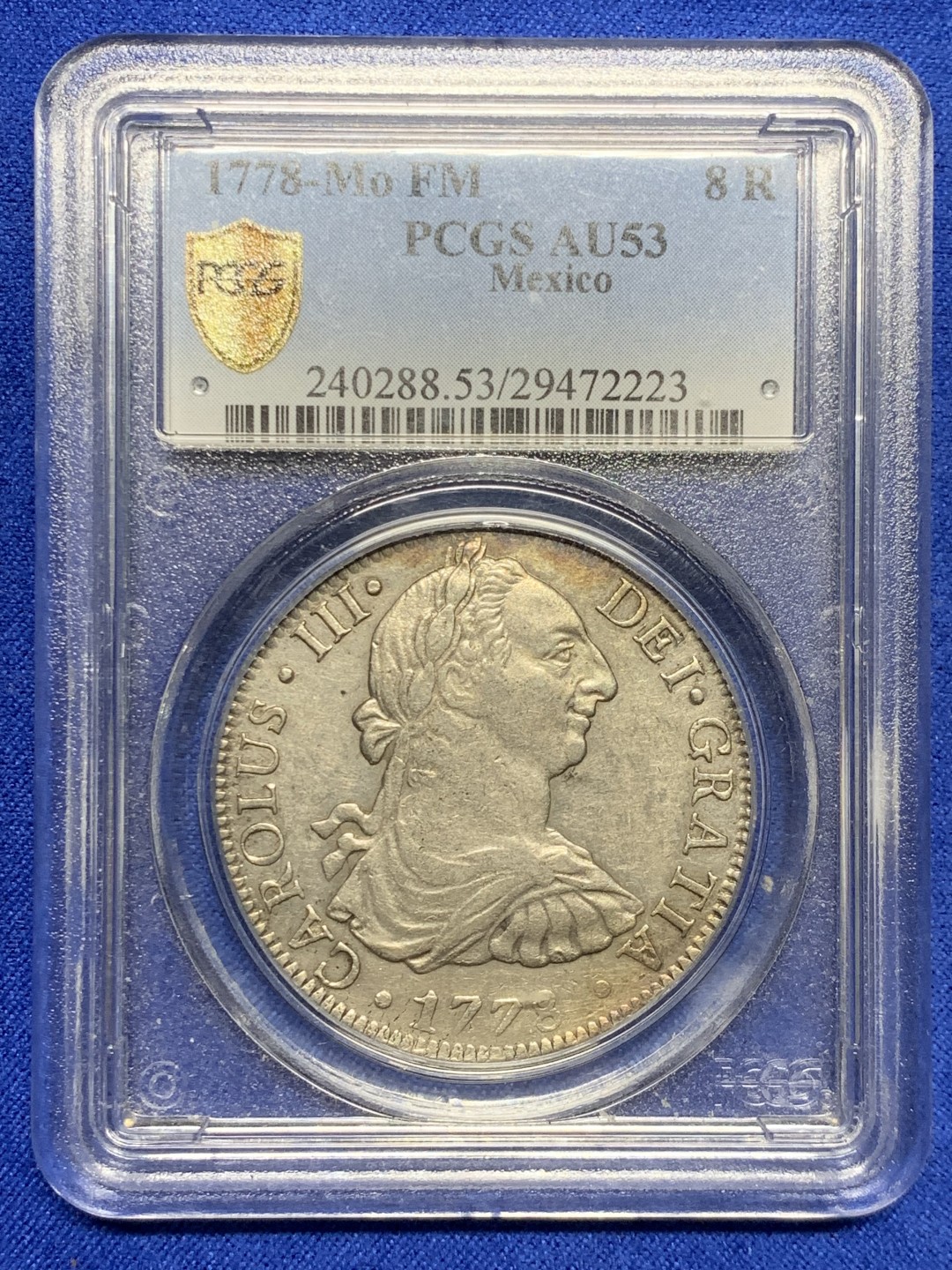 欢迎参加《竞宝斋》五一特拍-第161场-周日，周一 2场 亚军分 PCGS-AU53 西属墨西哥1778年MO-FM卡洛斯三世8R 人像老双柱大银币 这枚最早是HA的拍品， 后来是CNB2022年6200欧+佣金 漏价拍出 同款的在2014年AUREO 拍出12000欧+佣金 裸币XF品