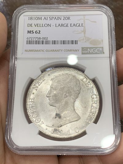 欢迎参加《竞宝斋》五一特拍-第161场-周日，周一 2场 - NGC MS62 1810年 法占西班牙 约瑟夫拿破仑20R银币，细节极佳 发丝清晰 光感十足 可以毕业了