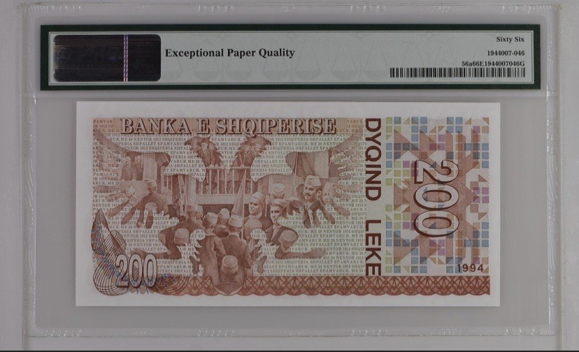 收藏联盟Quantum Auction 第254期拍卖  阿尔巴尼亚1994年200列克 PMG66 豹子身 少见年份 中国代印 独立领袖 首任总统 捷马利