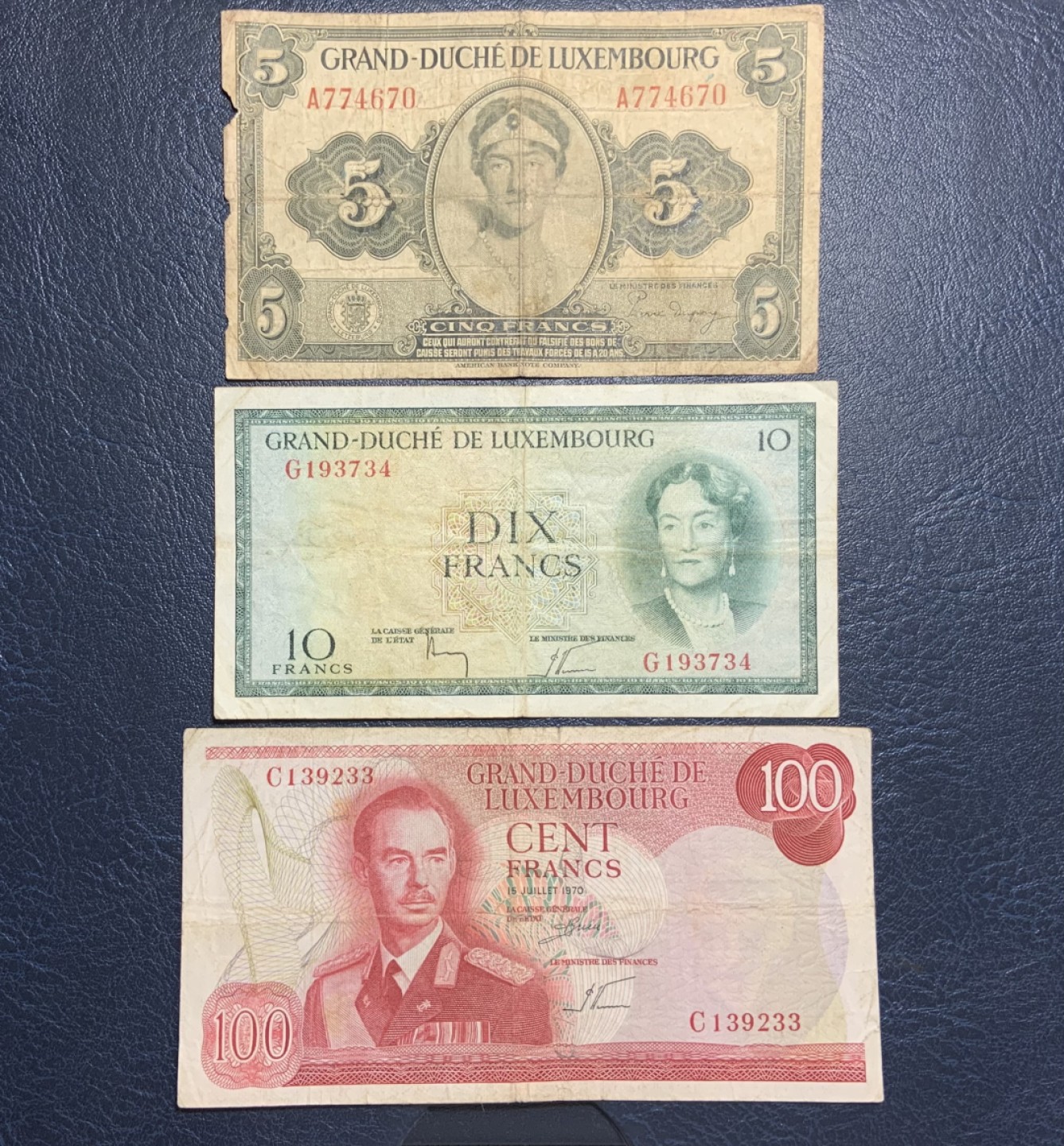 收藏联盟Quantum Auction 第255期拍卖  卢森堡5，10和100法郎三张 品相如图 一套包含三代大公
