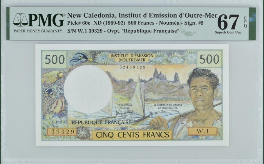 收藏联盟Quantum Auction 第255期拍卖  法属太平洋新喀利多尼亚1969-92年500法郎 PMG67 号码无47
