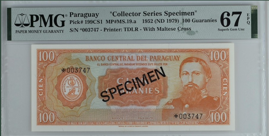 收藏联盟Quantum Auction 第255期拍卖  巴拉圭1952(1979)年100圭尼亚收藏样票 PMG67 冠军分
