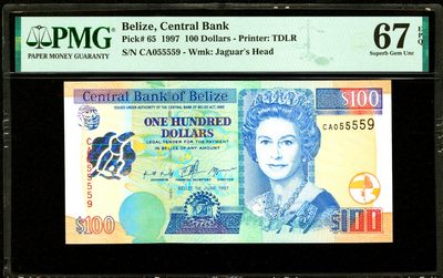 【Blue Auction】✨世界纸币精拍第319期——伟大总统林肯 - 【早期版本高价值 055559无47靓号】伯利兹 1997年100元 最高值 PMG67EPQ 高分 女王 非后期常见品种 背面动物群精美