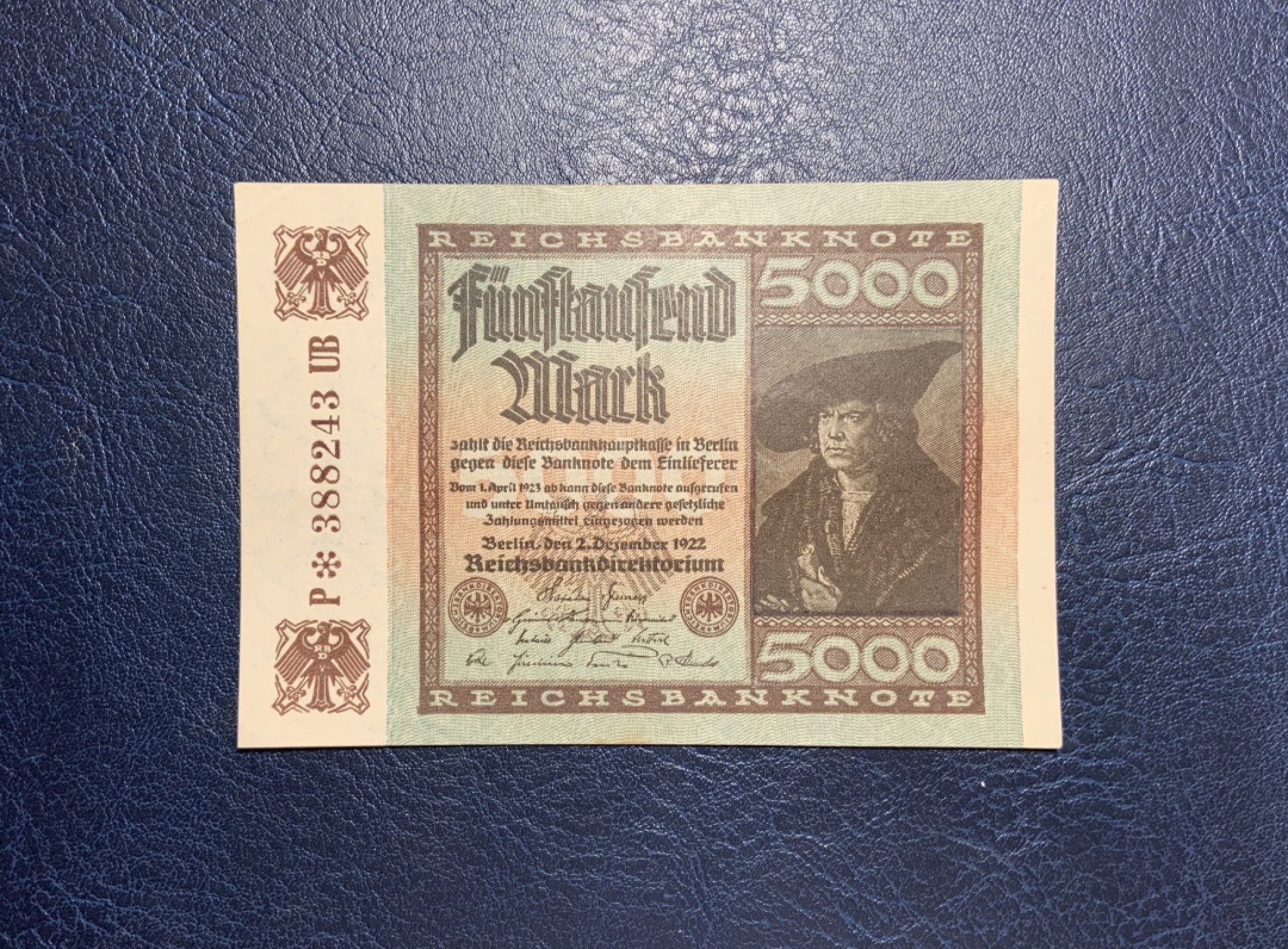 收藏联盟Quantum Auction 第255期拍卖  德国1922年5000马克 品相UNC-  少见补号 百年老钞