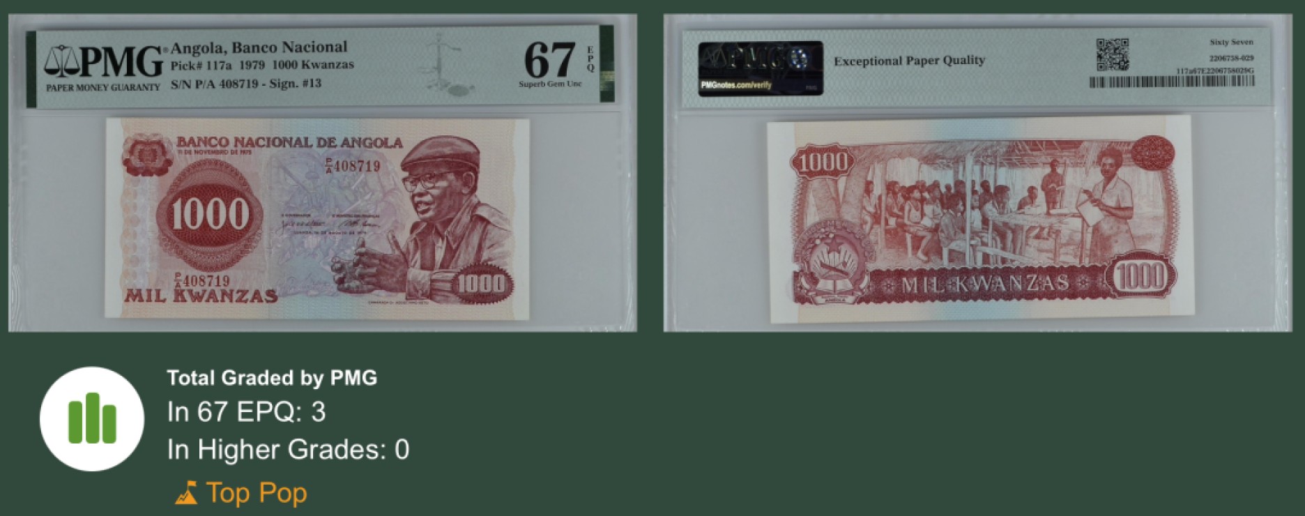 收藏联盟Quantum Auction 第255期拍卖  安哥拉1979年1000宽扎 PMG67 冠军分