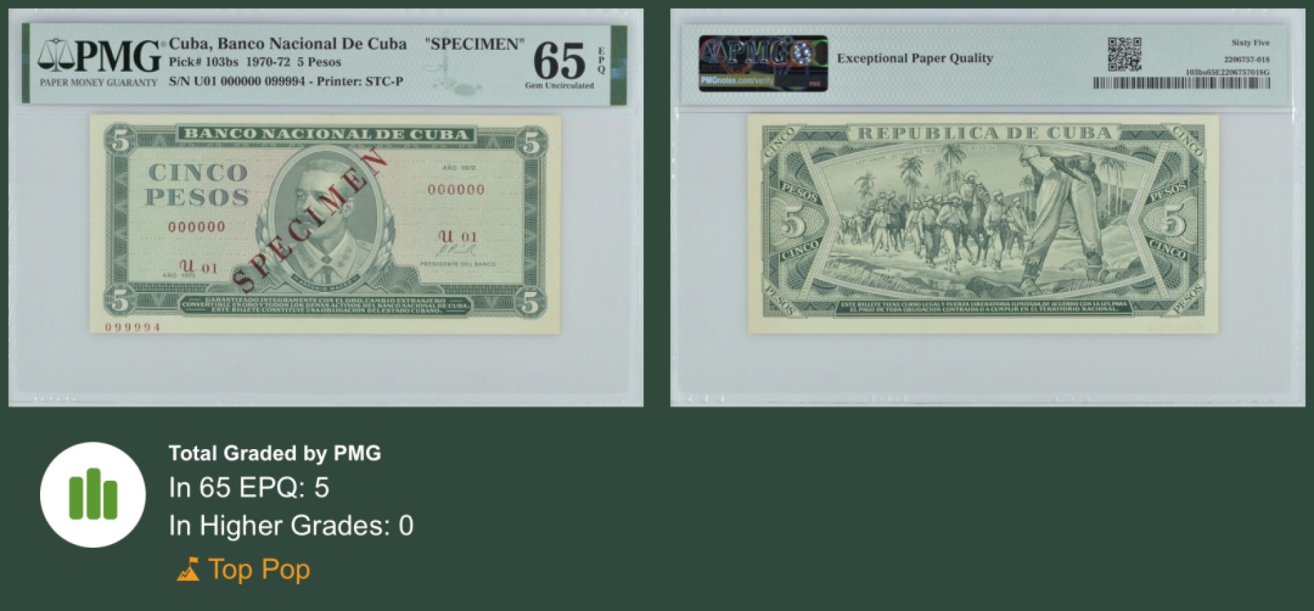 收藏联盟Quantum Auction 第255期拍卖  古巴1970-72年5比索样票 PMG65 冠军分