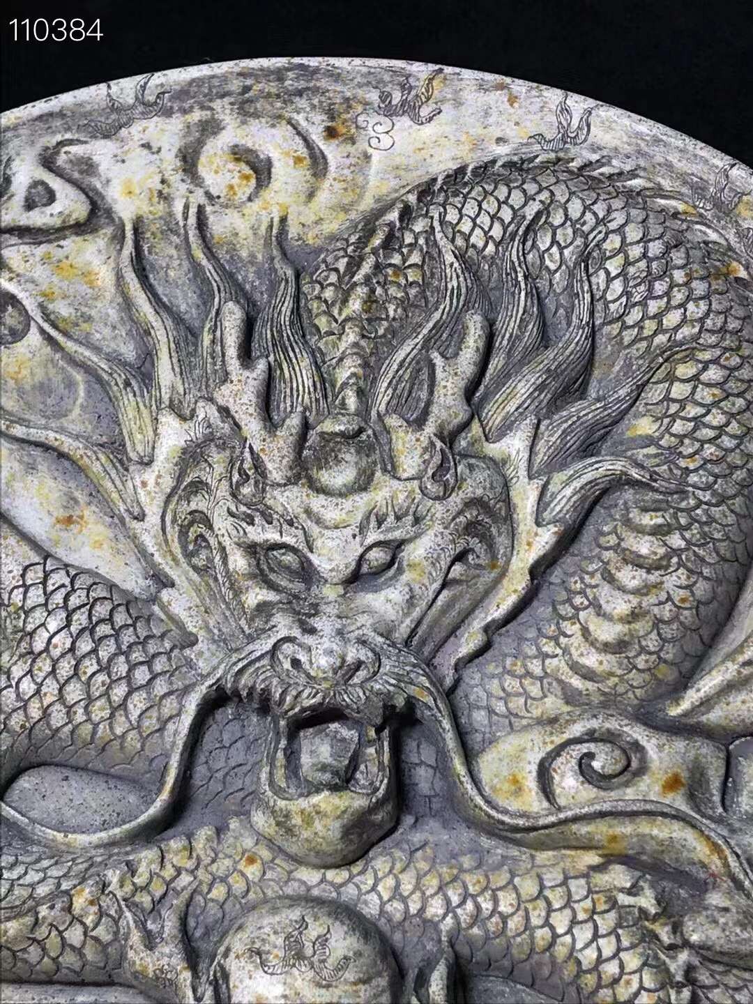 旧藏●高古鸡骨白玉石浮雕龙纹赏盘