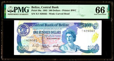 【Blue Auction】✨世界纸币精拍第319期——伟大总统林肯 - 【无47】伯利兹 1983年100元 最高值 少见 PMG66EPQ BWC出品 女王纸币 精美