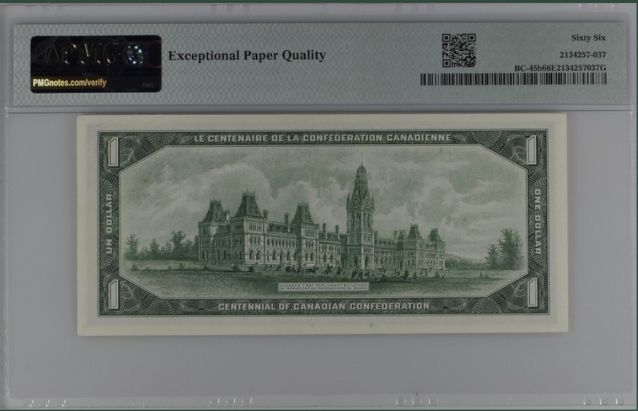 收藏联盟Quantum Auction 第255期拍卖  加拿大1967年1元议会纪念钞 PMG66 少见带冠号版
