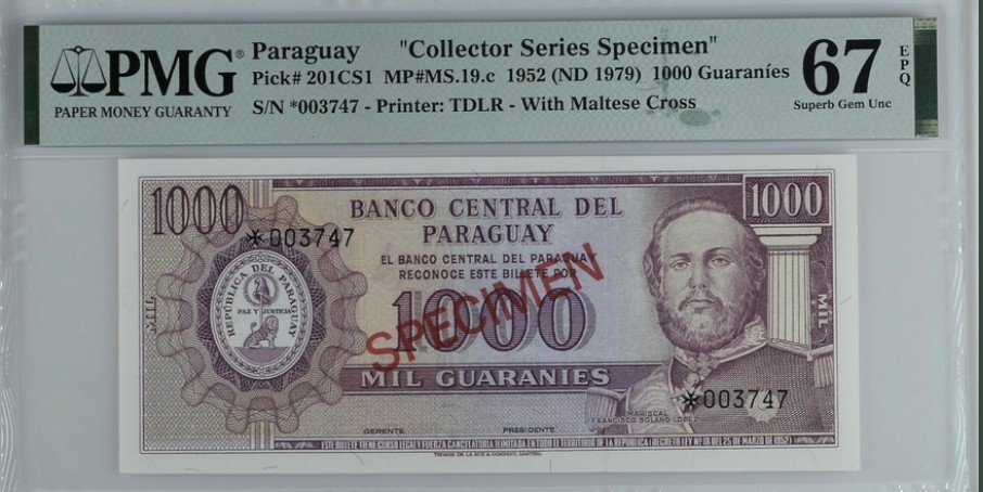收藏联盟Quantum Auction 第255期拍卖  巴拉圭1952(1979)年1000圭尼亚收藏样票 PMG67 冠军分