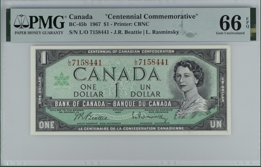 收藏联盟Quantum Auction 第255期拍卖  加拿大1967年1元议会纪念钞 PMG66 少见带冠号版
