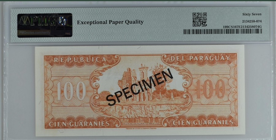 收藏联盟Quantum Auction 第255期拍卖  巴拉圭1952(1979)年100圭尼亚收藏样票 PMG67 冠军分