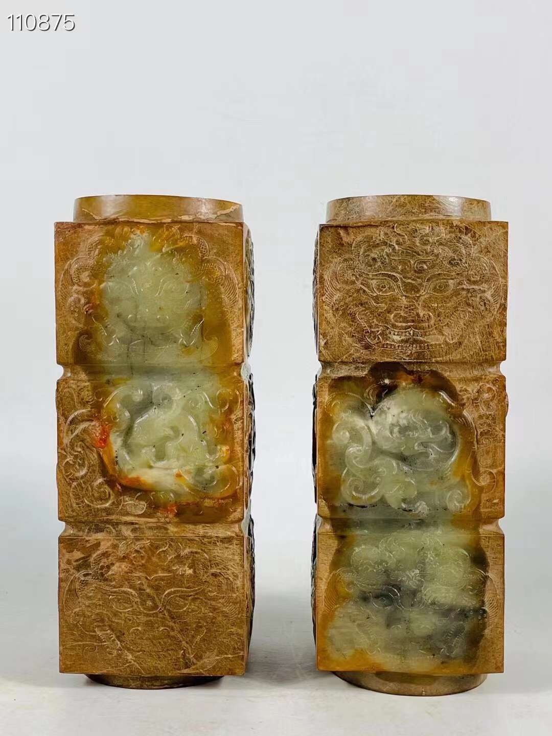 旧藏●精美高古玉精雕龙纹玉琮一套