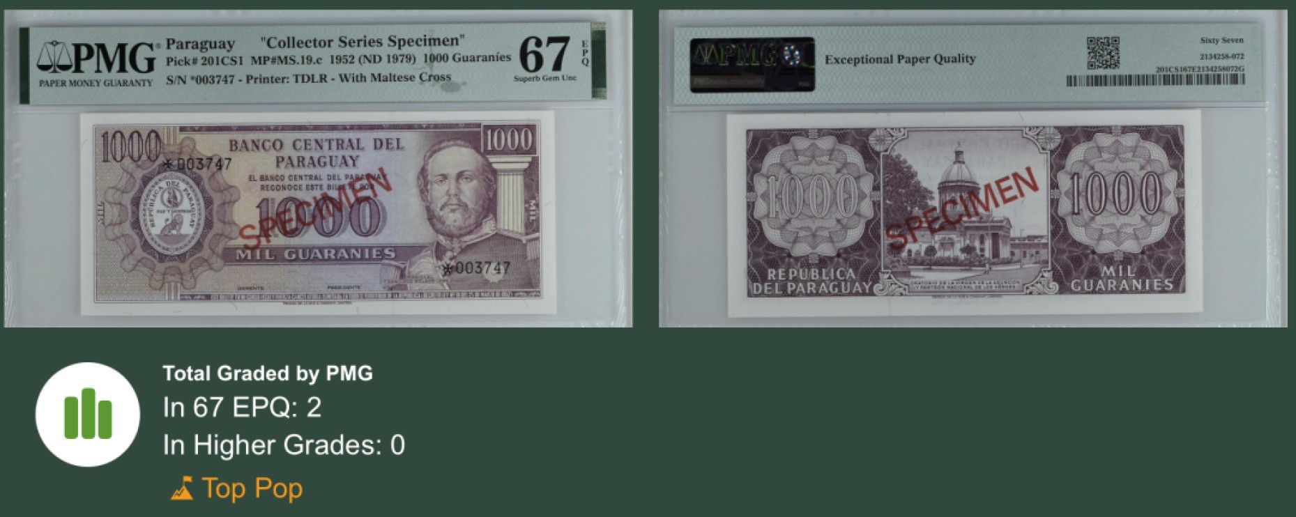 收藏联盟Quantum Auction 第255期拍卖  巴拉圭1952(1979)年1000圭尼亚收藏样票 PMG67 冠军分