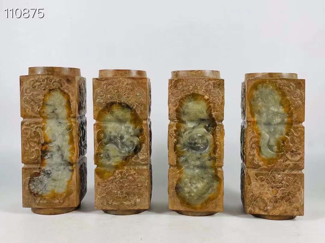 旧藏●精美高古玉精雕龙纹玉琮一套